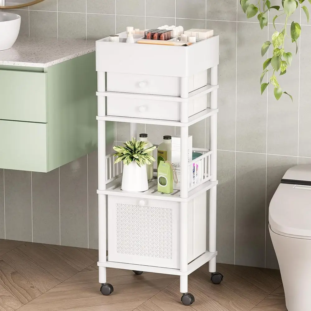 

Bamboo Makeup Organizer with 3 Drawers, Floor Skin Care Storage for Bathroom Bedroom, Rolling Vanity Organizer Cart for Cosmetic