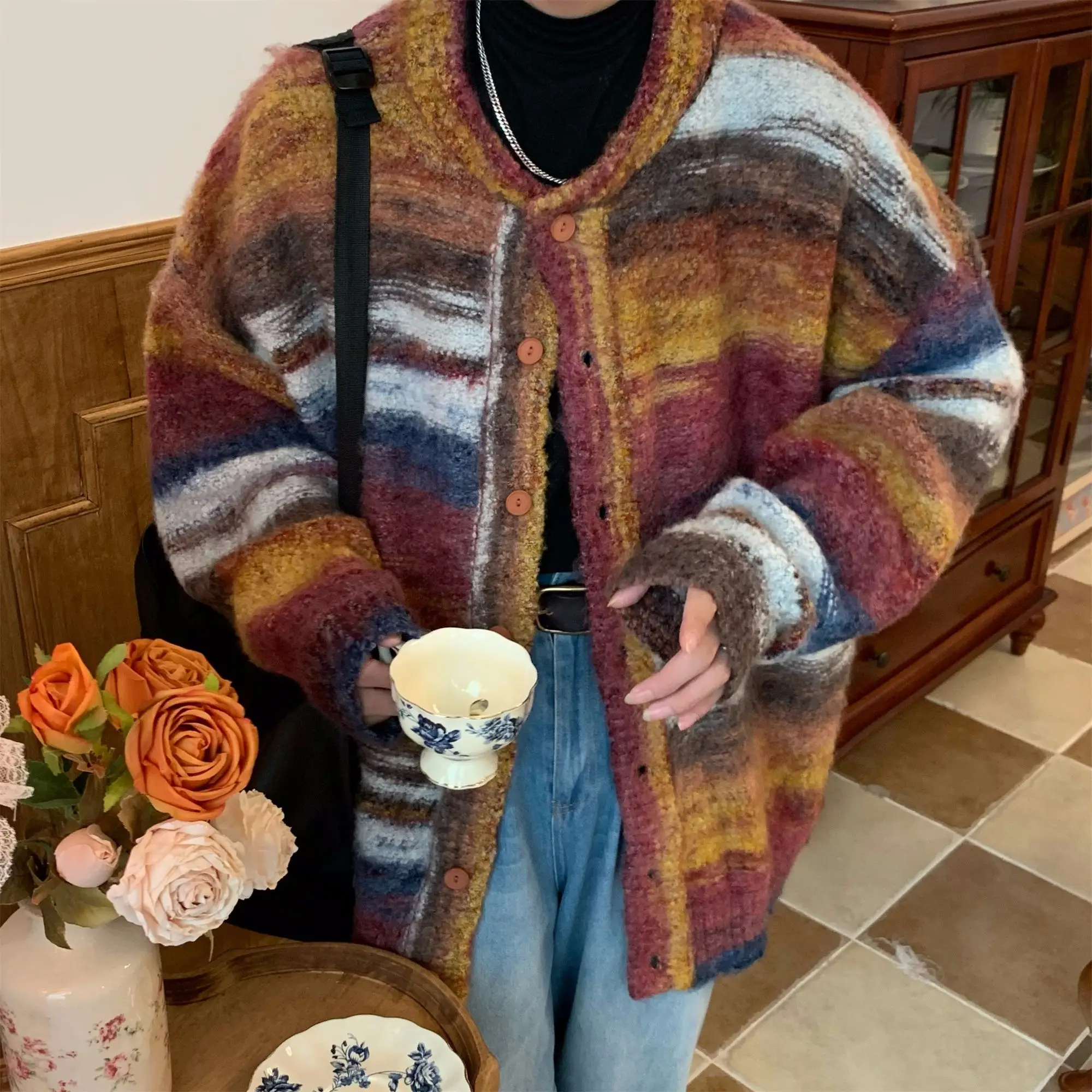 Gagarich Retro Gradient Striped Knitted Sweater Autumn Winter Glutinous Rice Soft Sweater Loose College Style Cardigan Top