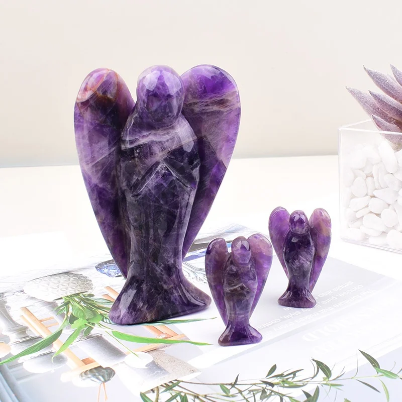 Hand Carved Crystal Angel Figurine Natural Rose Quartz Amethyst Healing Stone Guardian Angel Statue Home Decoration Crystal Gift