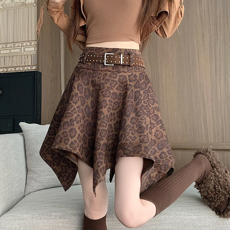 Korean Style Leopard Print Asymmetrical Hem Skirt Women's Autumn Winter New Mid-length Vintage Draped Slimming Maxi Skirt