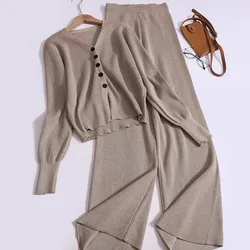 Fashion Pants Suit Vintage Slim-fit V-neck Long-sleeved Sweater Jacket Tops Women Autumn Knitted Wide-leg Trousers Two-piece Set