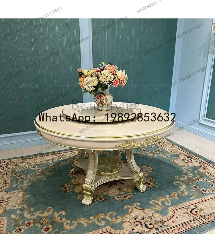 

table and chair combination European luxury solid wood round dining table with turntable carved restaurant home