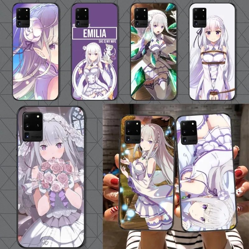 Anime Waifu Emilia Phone Case for Samsung A91 A81 A73 A72 A71 A30S A20 A12 A13 A52 A53 4G 5G Black Soft Phone Cover Funda