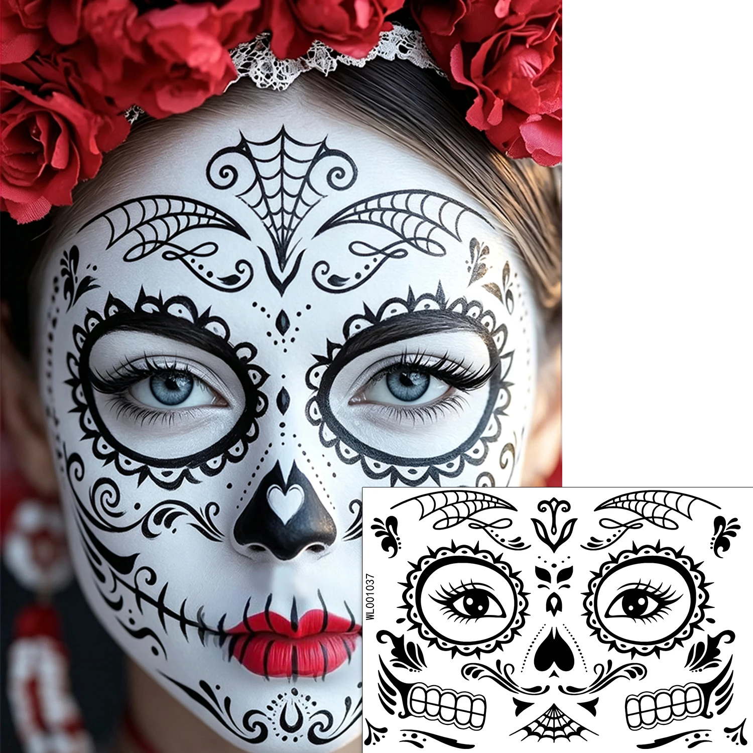 12 Stück Zucker-Totenkopf-Gesichts-Tattoos, Temporäre Tattoos für Halloween und Tag der Toten, Skelett-Make-up-Aufkleber, Wasserfeste Schwarze Blumen-Gesichts-Tattoos – Detail 6