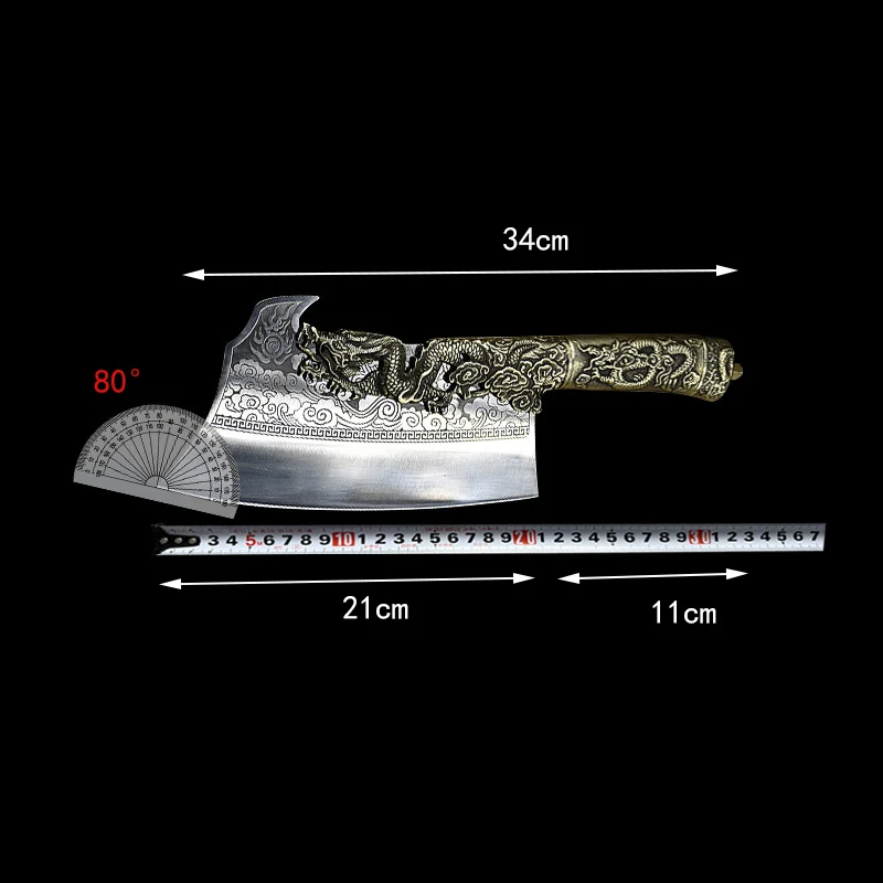 9 Inch Big Knife Chopper Slicing Handmade Forge Longquan Kitchen Hatchet Knife Copper Dragon Decor Beautiful Knife With Patterns