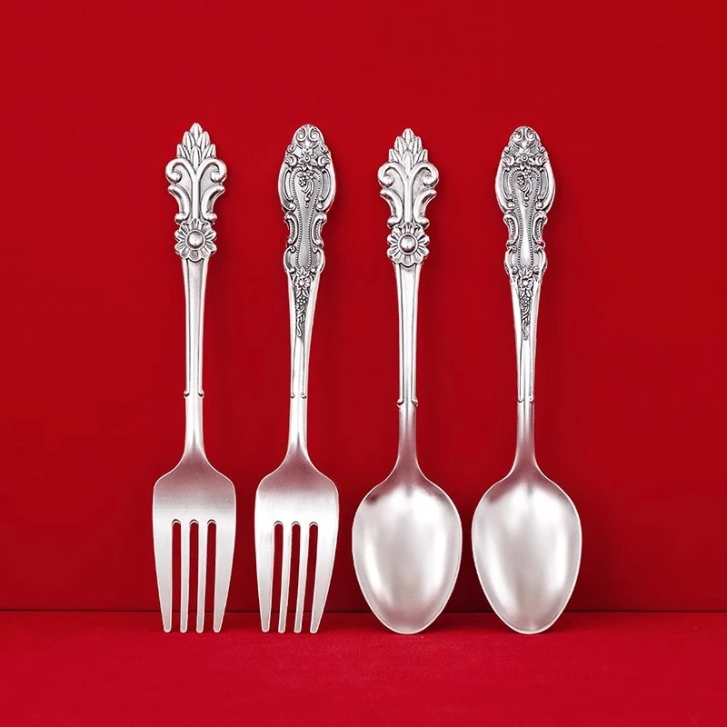 Silver Spoon 99.9% Pure Silver Vintage Carved Silver Spoon Silver Fork Household Silver Tableware Fruit Fork Spoon Spoon