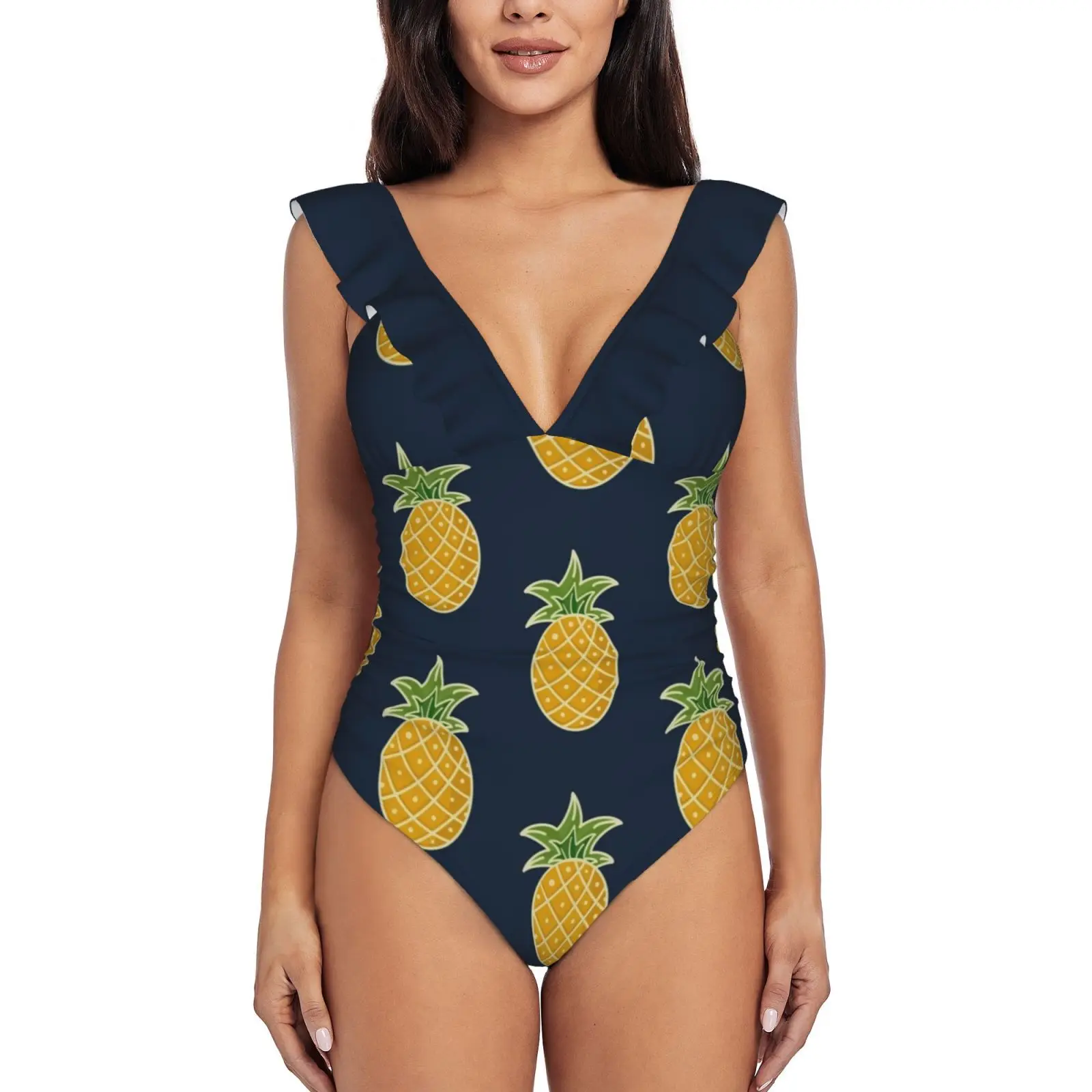 Pineapple-Navy Monokini New Ruffle One Piece Swimsuit Female Sexy Swimwear Women Print Bathing Suit Ananas Beach Vibes Blue