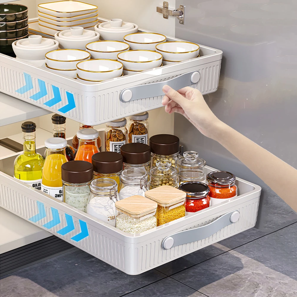 1/2Pcs Kitchen Storage Rack with Slide Rails Pull Out Cabinet Organizer Kitchen Drawer Storage Tray Spice Jars Storage Rack