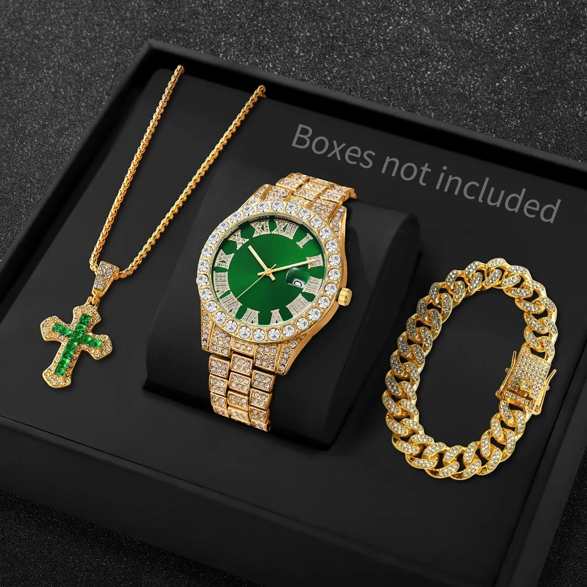 

3PCS/Set Luxury Full Diamond Men Quartz Watches Fashion Hip Pop Mens Calendar Wristwatch Bracelet Necklace Set (Without Box)