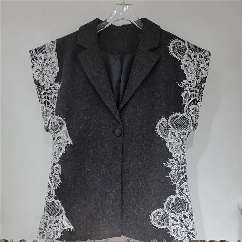 HKSH Herbst Neue frauen High Street Flut Trendy Spitze Patch Design drehen-unten Kragen Einzigen Taste Beiläufige Elegante weste HK7803