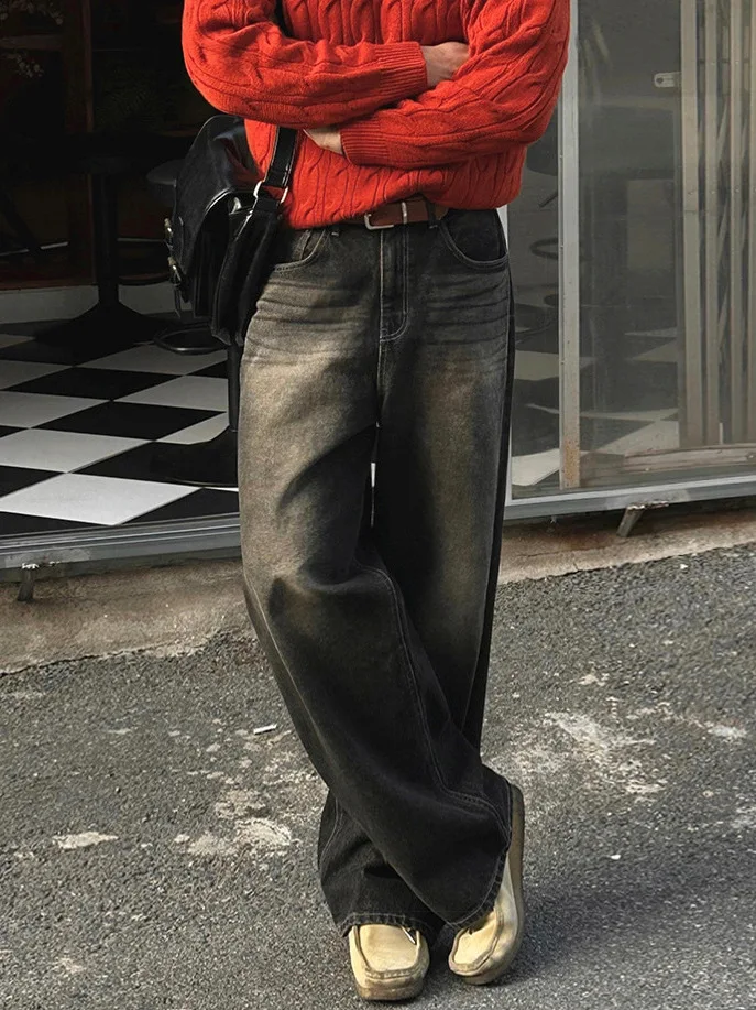 

TANGZ Studio Men's Loose Straight Leg Jeans Korean Style Commuter Long Pants mid Waist Button Opening Casual Autumn Wear