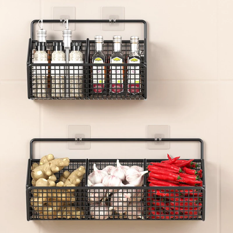 Wall Mounted Storage Rack Onion Ginger Garlic Condiments Spice Kitchen Shelf Punch-Free Vegetable Fruit Drain Basket Kitchen