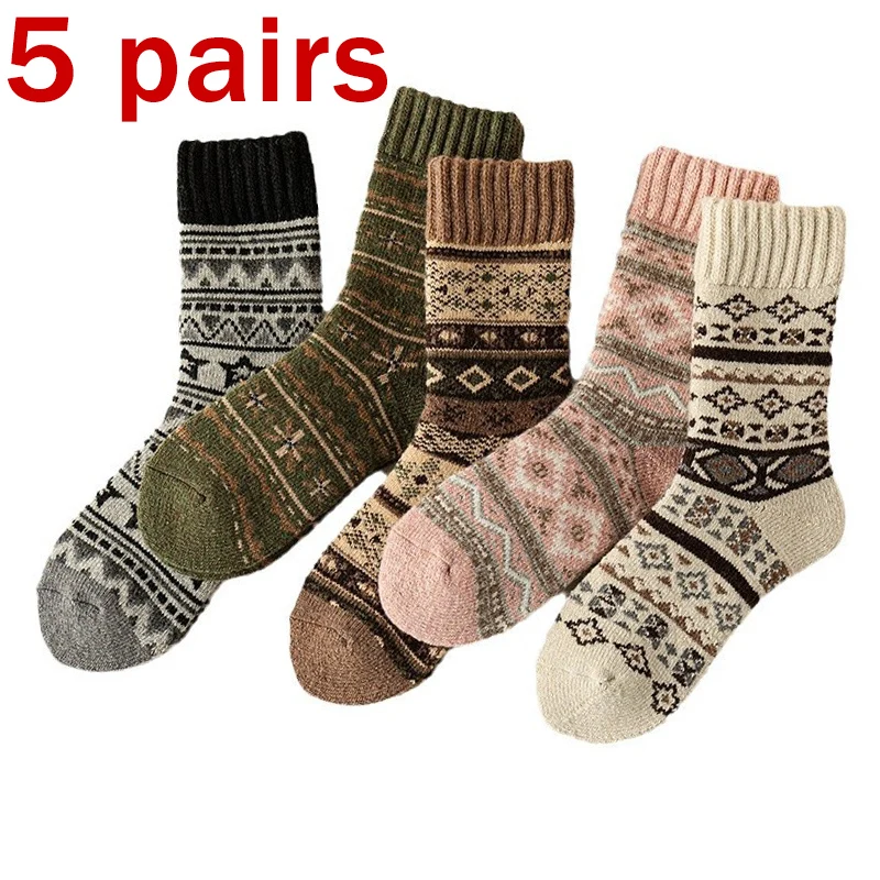 

5 Pairs Vintage Ethnic Knit Thick Cotton Socks Women 2025 Winter Comfort Warm Fluffy Socks Retro Soft Non Slip Woman's Stockings
