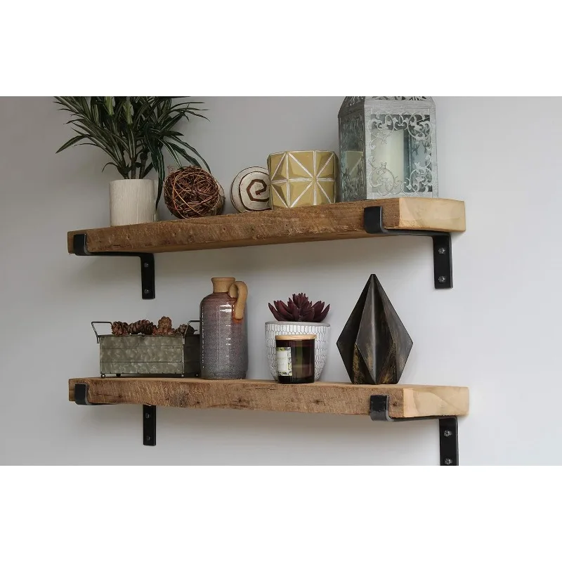 Accent Shelves | Reclaimed Barn Plank | Set of 2 with Full Brackets (Natural, 36