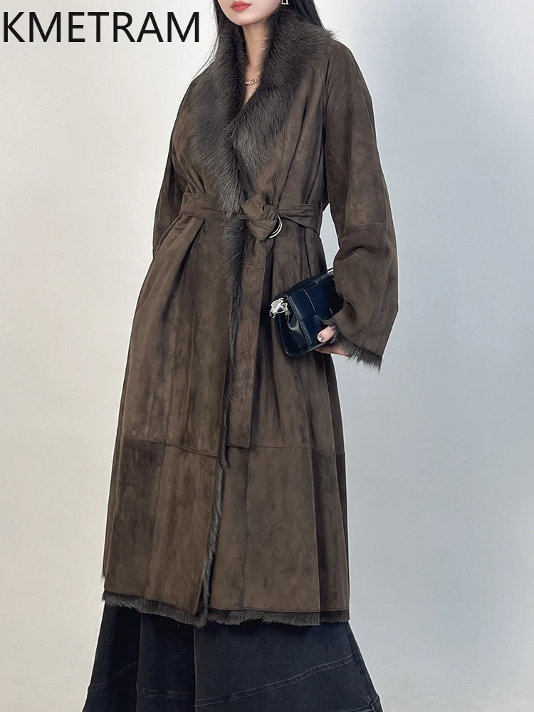 천연 염소 가죽 양모 양면 모피 코트 여성 고품질 긴 스타일 리얼 모피 자켓 겨울 여성 의류 2025 abrigos