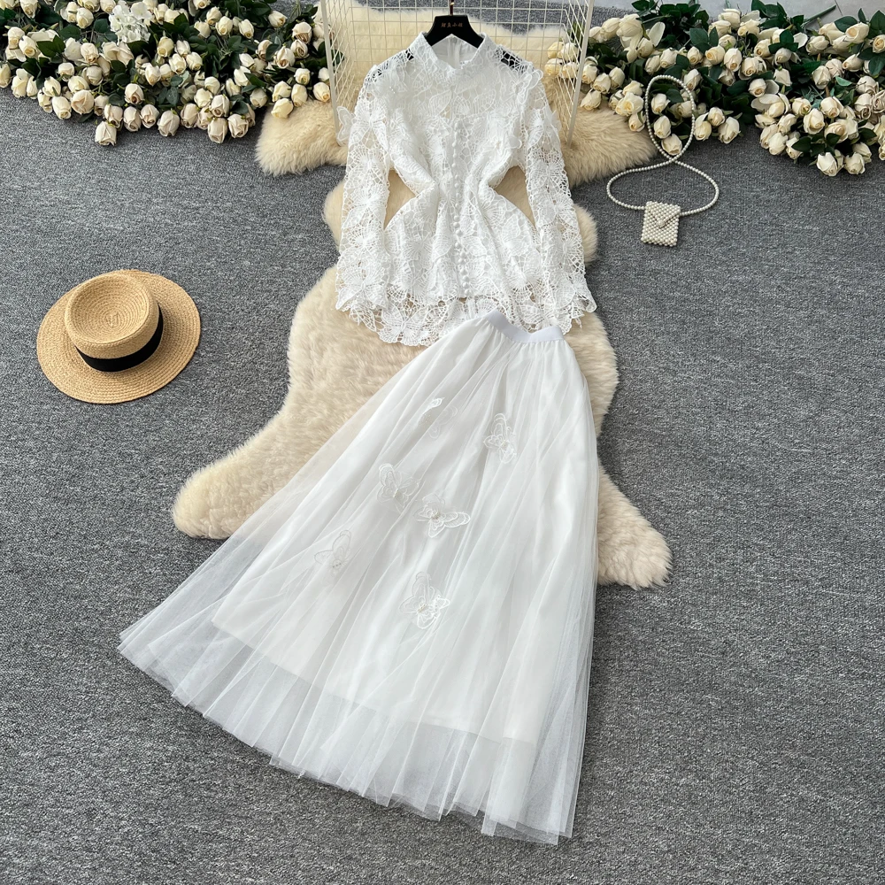 

Винтажная элегантная сетка с длинными рукавами, корейская модная женская одежда, церемониальные платья, комплект из двух предметов