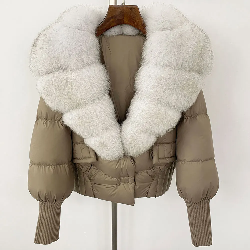 Abrigo con Cuello de piel para mujer, chaqueta de plumón de pato blanco, abrigo de piel de zorro de mapache Real, holgado, elegante, informal, para oficina, invierno, 2024