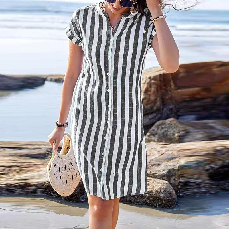ファッション半袖ターンダウンカラーシャツワンピース レディース Vネック ストライプ柄 プリント パーティー ドレス カジュアル ショート丈ワンピース ボヘミアン