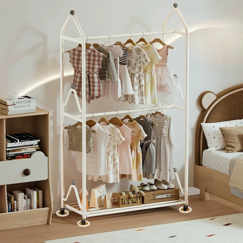 Double Rod Clothes Rack Mobile Wheels Storage Organizer clothing hanger Interior Design living room perchero de ropa furniture
