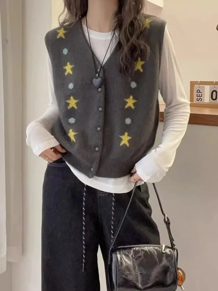 

Star Embroidery Design Knitted V-Ne Svel Cardigan Casual Chic Layering Outerwear Comfortable Commute Sle