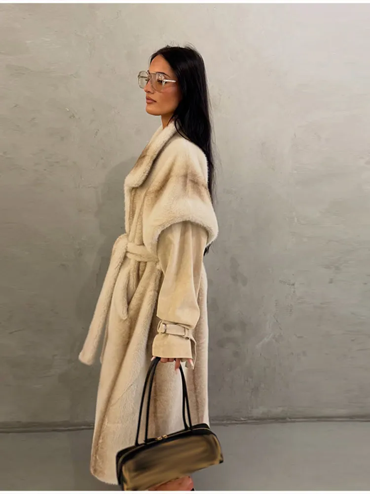 Women Cream Color Fuax Fur Long Coat Luxury Long Sleeved Adjustable Lace Up Jacket 2025 New Winter High Street Commute Overcoat