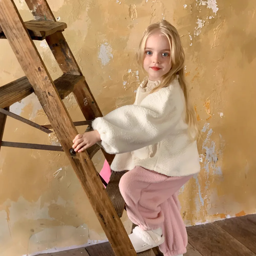 Autumn Winter Children Girl Thicken 2PCS Clothes Set Lace Collar Velvet Kid Girl Pullovers Pink Loose Toddler Girls Jogger Pants image 3