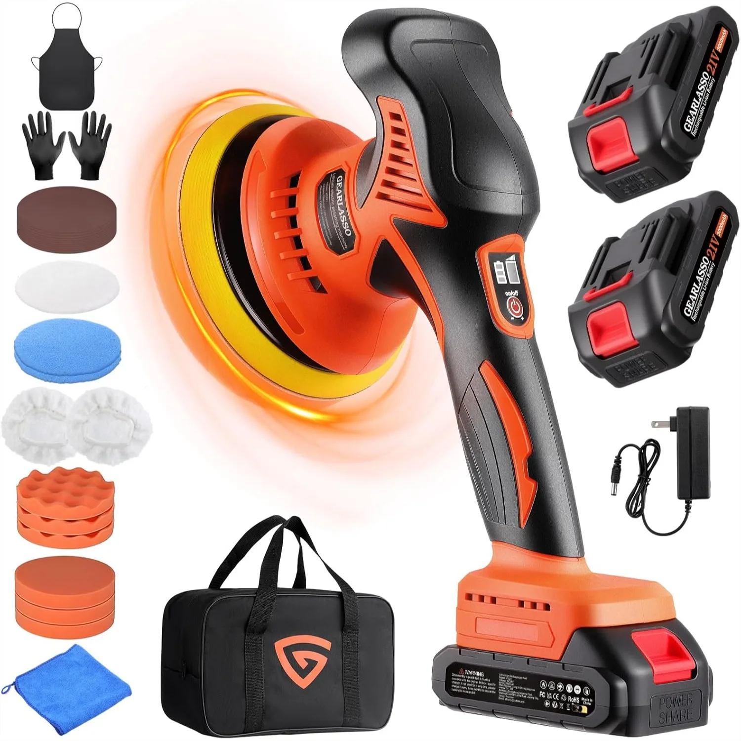 

Cordless Car Buffer Polisher 8-Speed 2800-6000RPM with 2x21V Batteries & 17-Piece Kit for Scratch Removal