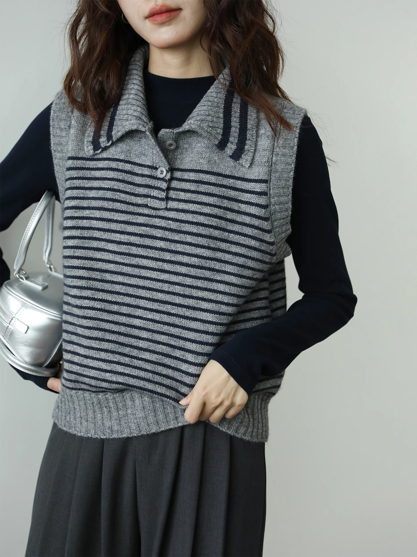 

Вязаный жилет Bla ey в винтажном стиле с полосатым узором, универсальный, осенне-зимний, новый, с воротником-стойкой, тонкий