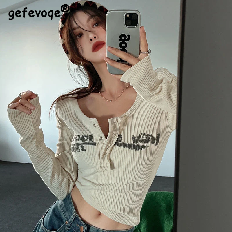 

Retro Letter Printed Elastic T Shirt Women Sexy Slim Crop Top Ribbed Long Sleeve O-neck Tops Korean Y2k Aesthetic Streetwear Tee