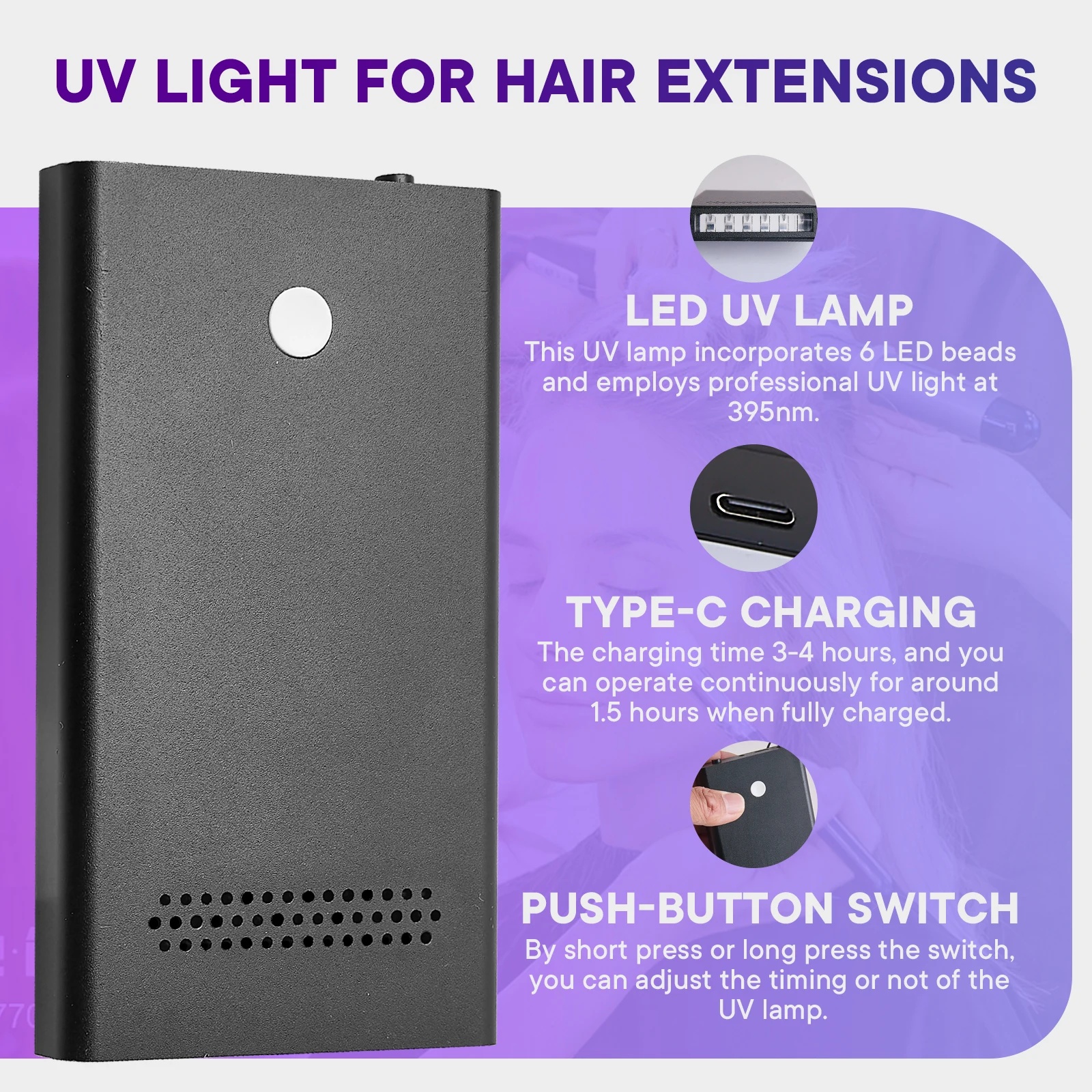 Luz v portátil para extensão de cabelo, salão de beleza, enxerto rápido, cabelo invisível, sem marcação, profissional, luz de cura uv