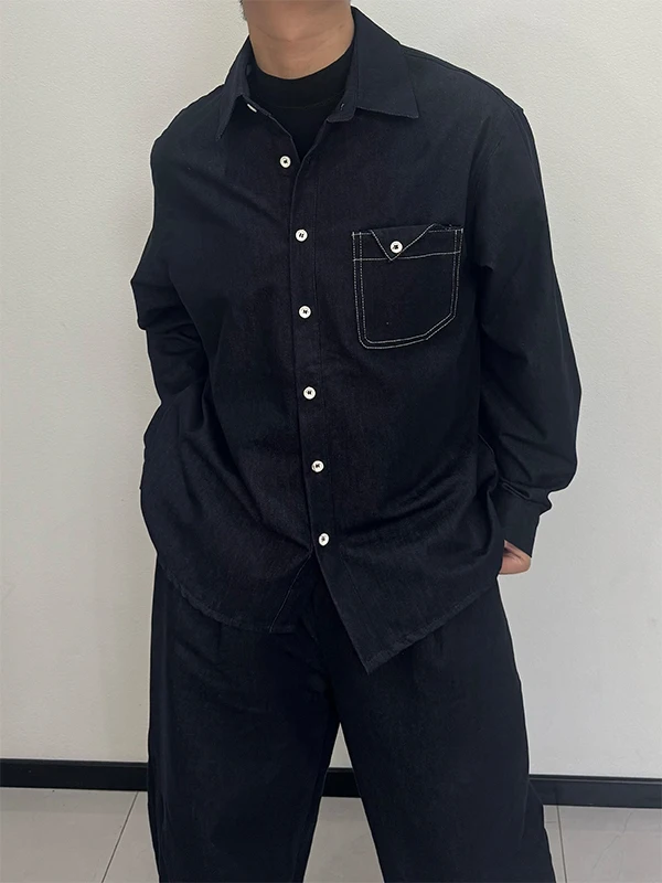 

Мужская джинсовая рубашка TANGZ Studio свободного кроя с длинным рукавом, винтажная, с эффектом потертости, синяя, из смесового хлопка и полиэстера, повседневная, с деталями в стиле кэжуал