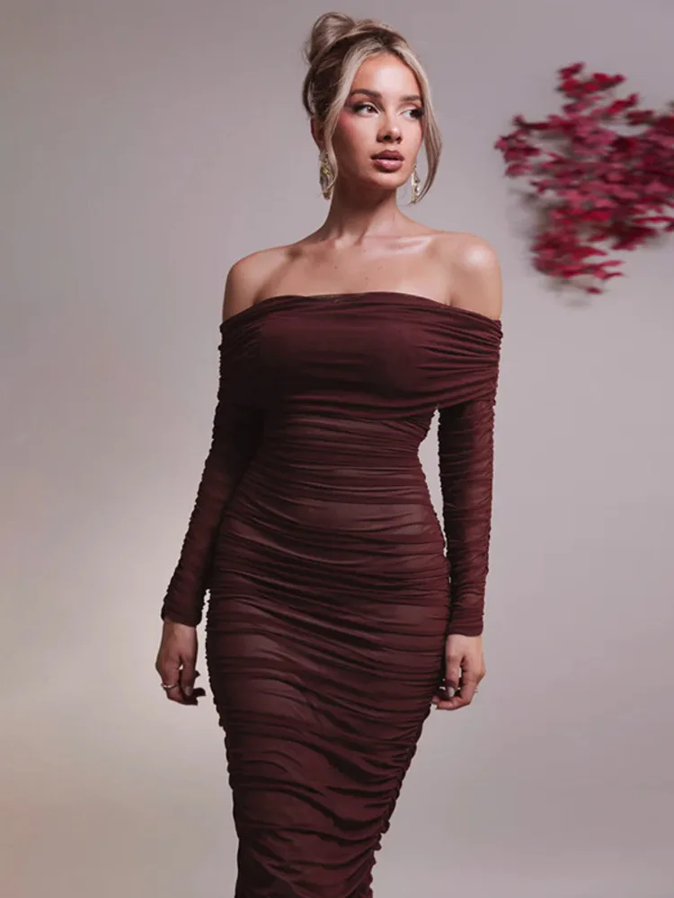 Mozision Off-shoulder Lange Mouw Sexy Maxi Jurk Voor Vrouwen Herfst Nieuwe Strapless Backless Bodycon Ruches Party Lange jurk