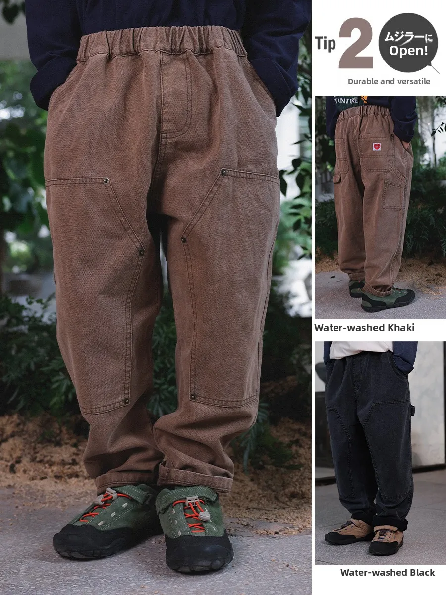Outdoor Workwear Pants for Boys Mountain Series Rugged Straight Leg Cotton Long Trousers Vintage Style Autumn Fashion for Kids