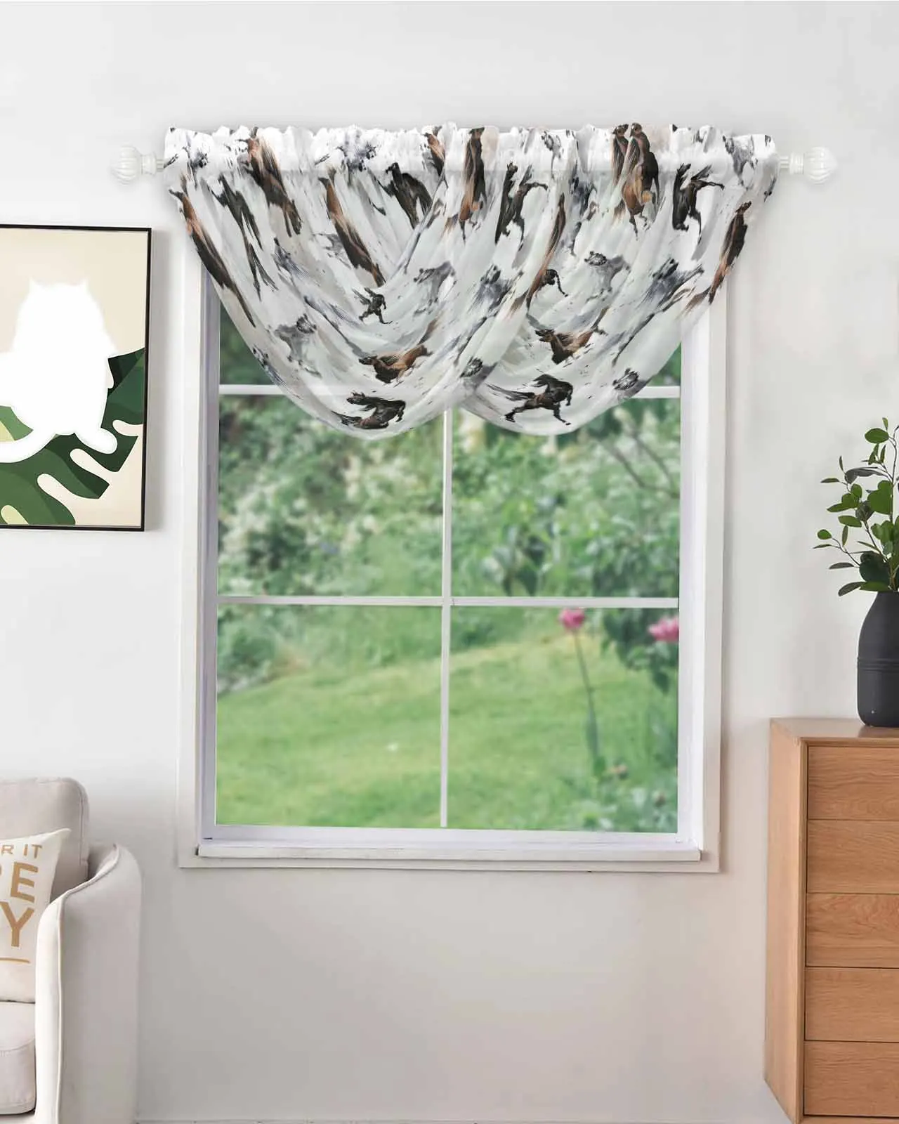 Watercolor Chinese Style Horse Sheer Short Curtains for Living Room Voile Panels Kitchen Cafe Tulle Window Treatments