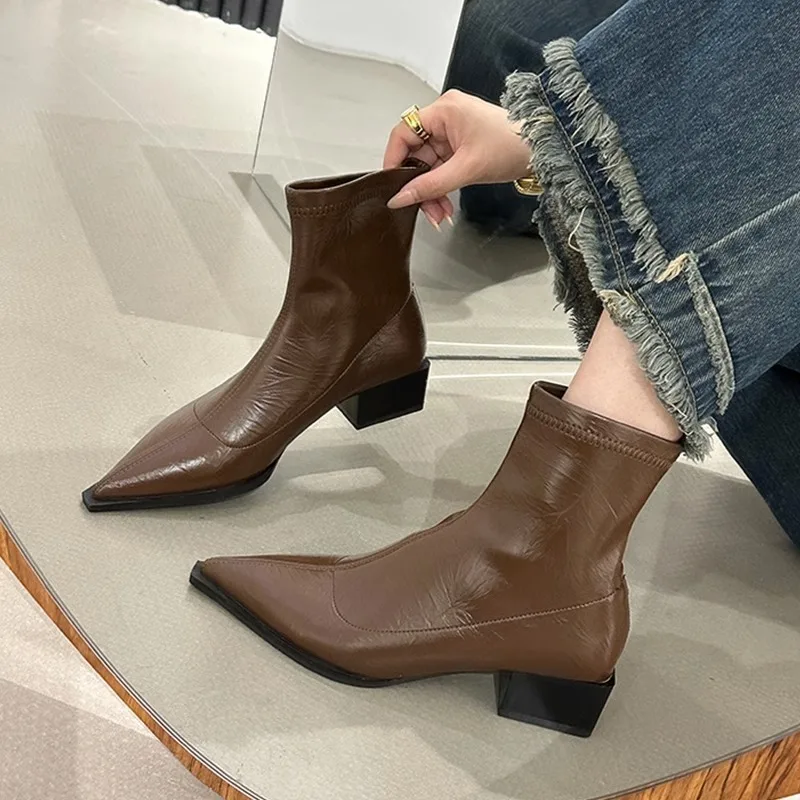 2024 New Women Ankle Boots Spring and Autumn Fashion Pointed Toe Ladies Short Boots Slip on Square Low Heel Women\'s Booties