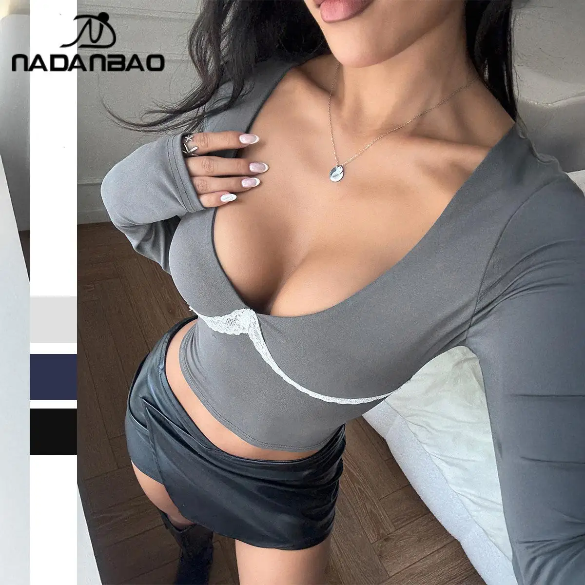

Nadanbao 2025 Spring Summer Y2K Long-Sleeved T-Shirt Spicy Girl Lace Splicing Shirts White Grey Sexy Slim Top Fashion Streetwear