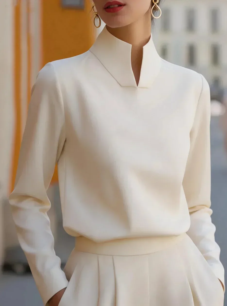 Damen Bluse mit Stehkragen und langen Ärmeln, elegantes Business- und Alltags-Hemd – Detail 6