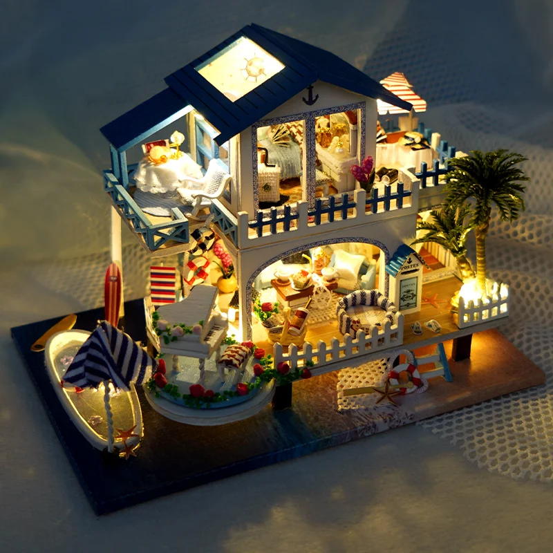 

Cutebee DIY DollHouse Miniature Doll Houses Kit Summer Hawaii Sea View Room Mini House LED Lights Toy For Children Birthday Gift