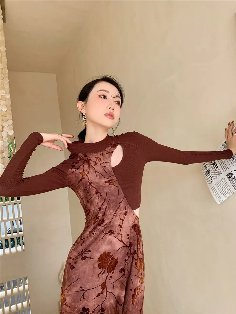 CHEERART Flocking Vintage Bodycon Long Dresses For Women 2023 Brown Long Sleeve A Line Evening Midi Ladies New In Dresses