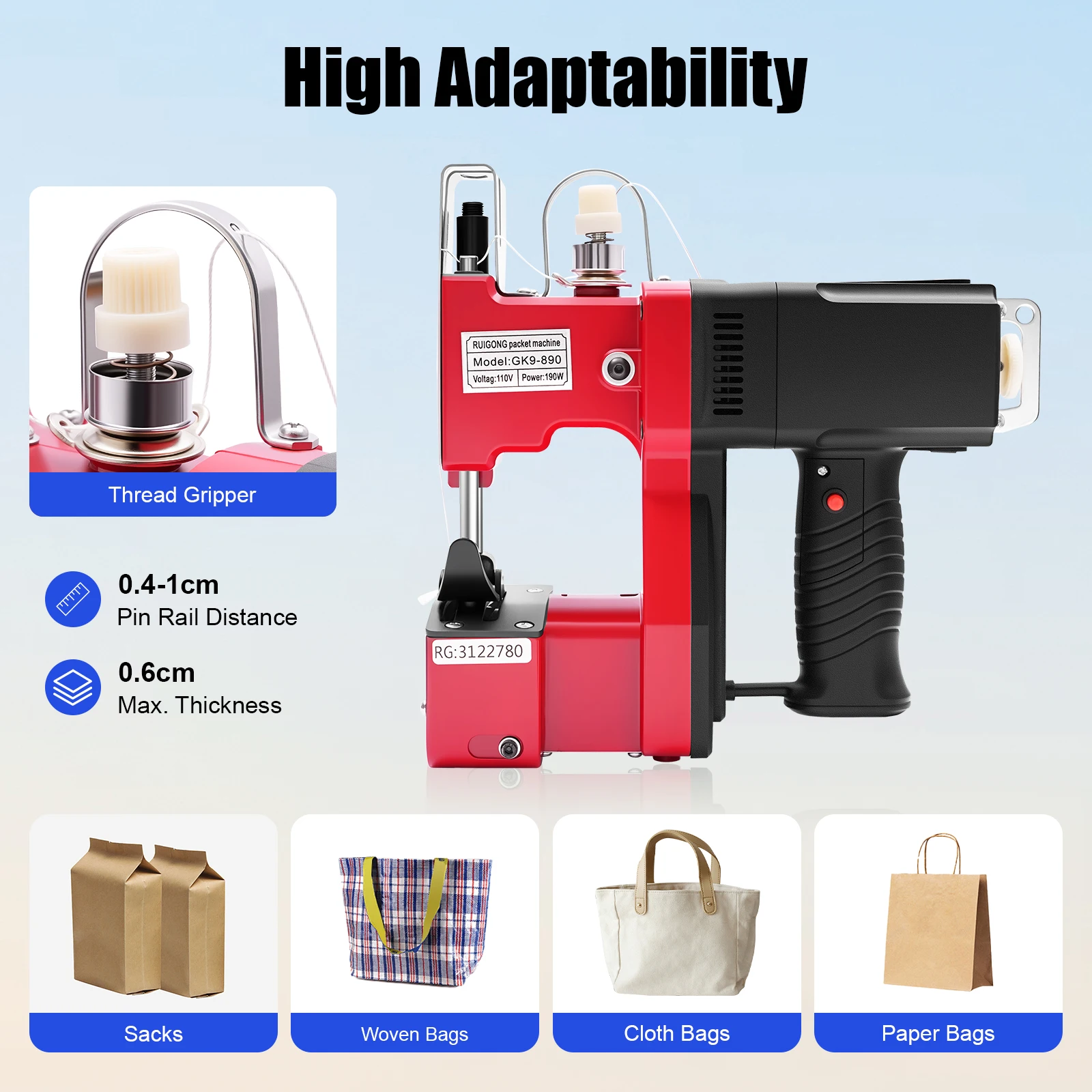 

Portable Bag Sewing Machine 190W Electric Sealer for Thick Materials One-Hand Operation Woven Bag Rice Bag Sealing Machine ﻿