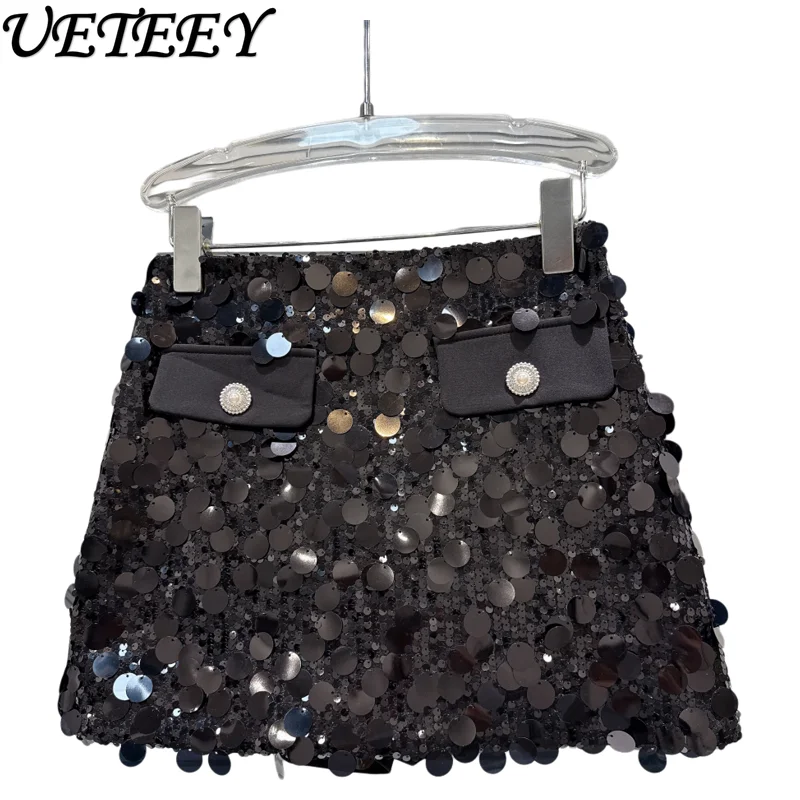 

2025 Autumn New Nightclub Performance Catwalk Large Sequins Skirt Women Heavy Sequined Shiny Black A-line Short Mini Skirt Girl