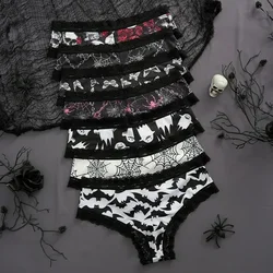 2Pc Set Halloween Underwear Women's Lace Ghost Bat Skull Gothic Style Personalized Comfortable Breathable Triangle Pants