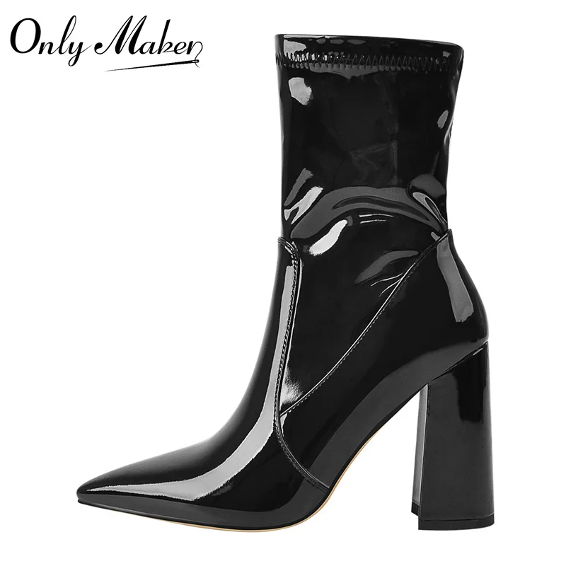 Onlymaker Pointed Toe Black Minimalistic Stretch Chunky Block High Heels  Plus Size  Size Zipper Thick Ankle Booties