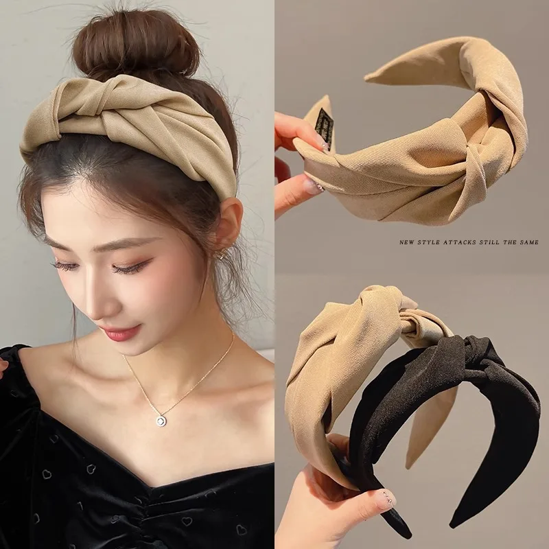 Fashion Simple Wide Cross Knot Solid Color Knotted Hairband Women\'s Girls Head Band Hair Hoop Hair Accessories Makeup Headwear