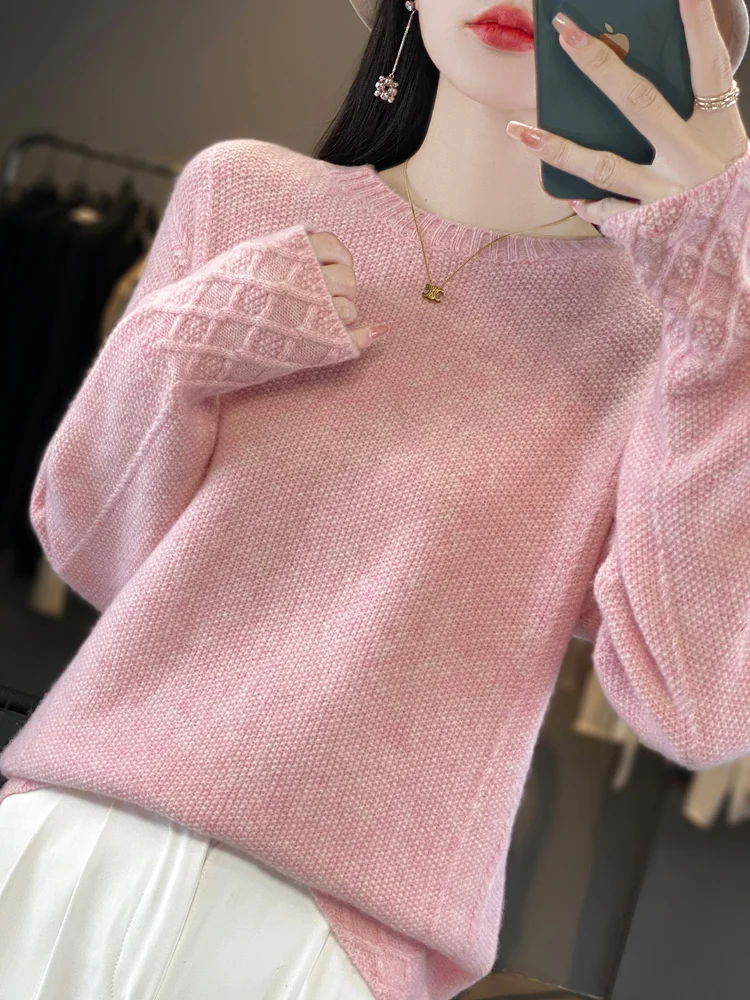 

Woman Clothes 100% Merino Wool Sweater Thick Soft Warm Cuff Jacquard Design Knitwear O-Neck Pullover Retro Female Clothing Tops