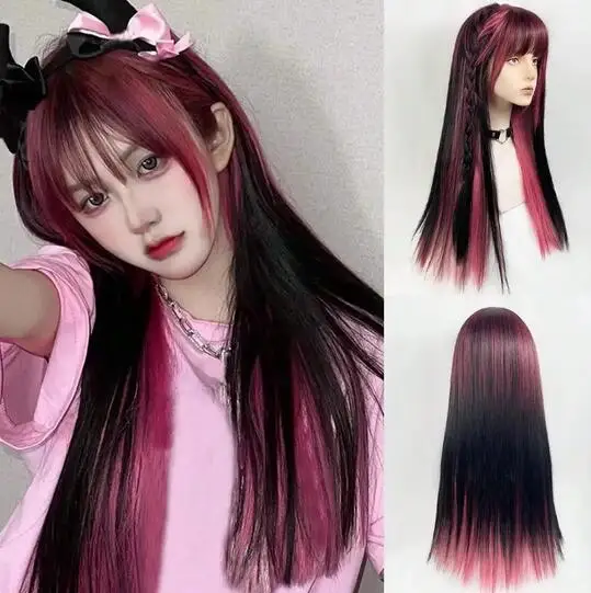 Pink highlights, long straight Lolita synthetic wig, two tone hair, girl role-playing, daily use and bangs