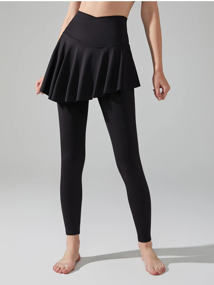 VITALINOVO Damen Crossover-Leggings mit Rock Tennis Yoga Leggings mit Rock Hohe Taille Rüschen Plissierter Skort Tennis Sport Golf – Detail 2