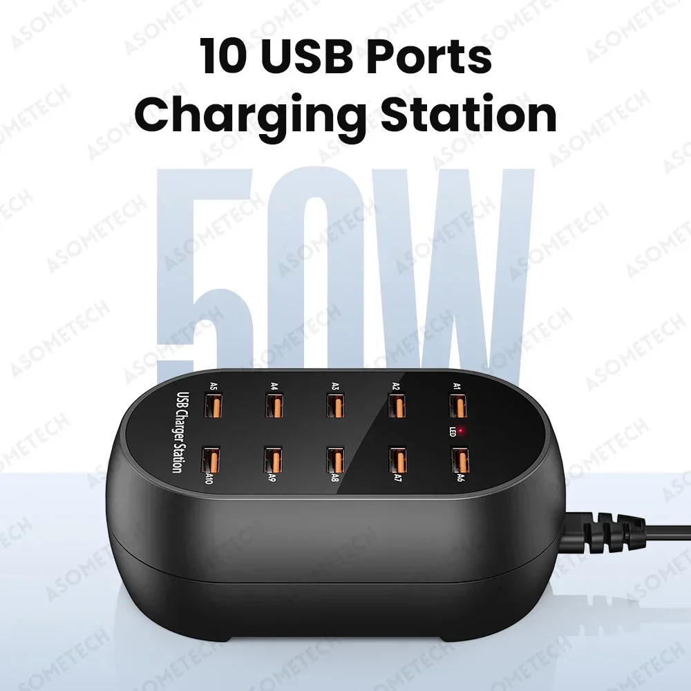 10-Ports 50W USB Charging Station Multi Port USB Hub Desktop  Charger for Iphone 16 15 Pro Samsung Tablet Ipad Multiple Devices