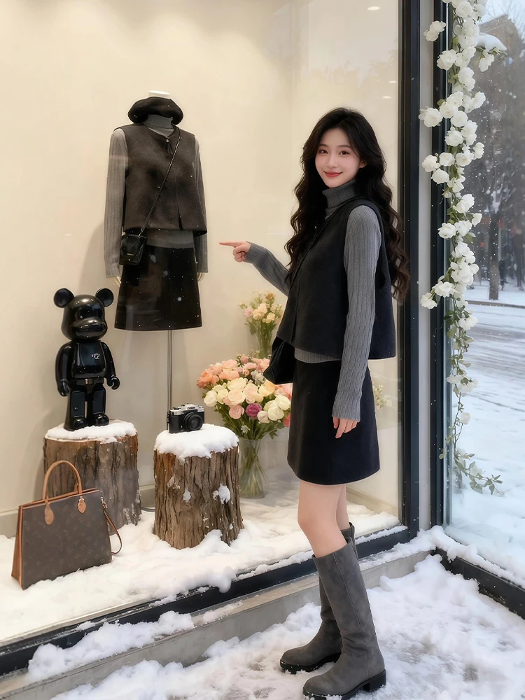 

Зимний модный комплект больших размеров: вязаная базовая футболка, юбка с высокой талией, шерстяной жилет для многослойного ношения, теплая одежда