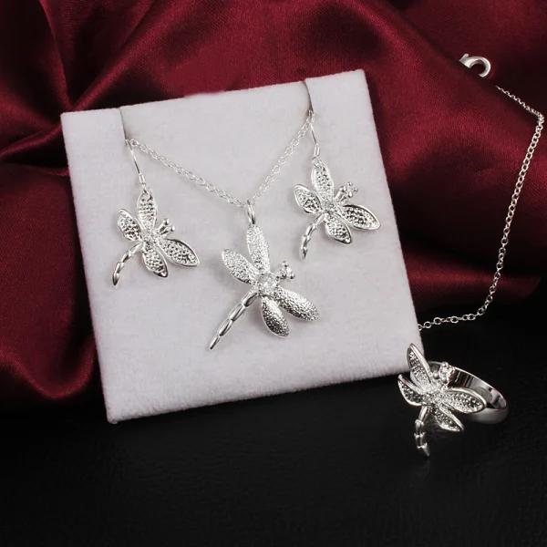 

Hot Luxury 925 Sterling Silver fine Crystal dragonfly pendant necklace earrings rings for women Jewelry set Party fashion gifts